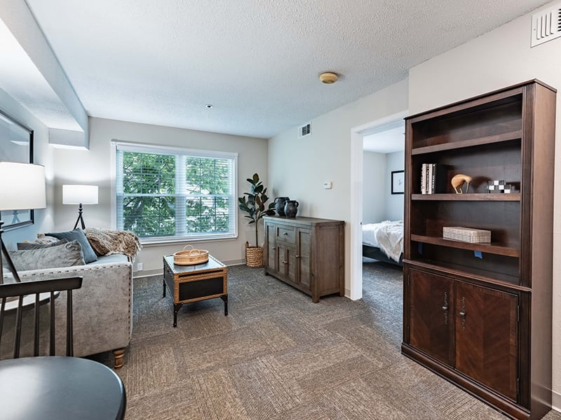 An apartment living room and kitchenette featuring accessible layouts and senior-friendly features at Cedarhurst of Tesson Heights