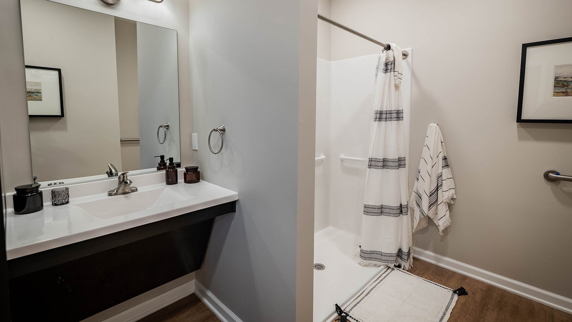 Bathroom of a senior apartment at Cedarhurst of Topeka, built with accessibility features to support residents