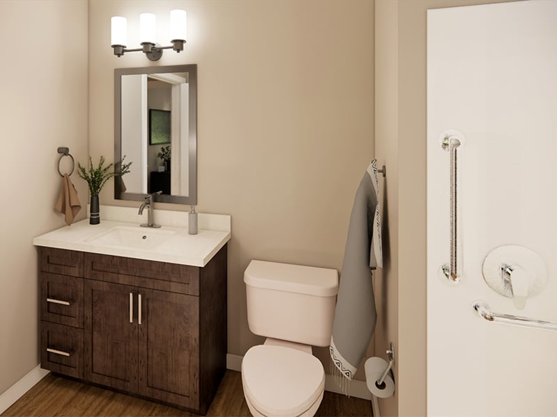 Bathroom at Cedarhurst of Topeka's Independent Living at Cedarhurst Cottages, built with accessibility features to support residents