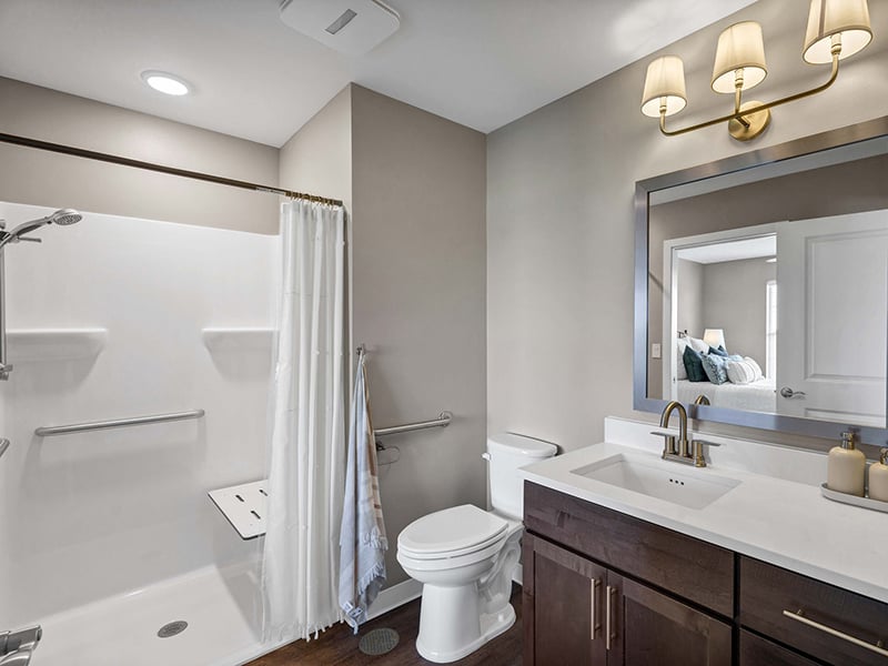 Bathroom at Cedarhurst of Topeka's Independent Living at Cedarhurst Cottages, built with accessibility features to support residents