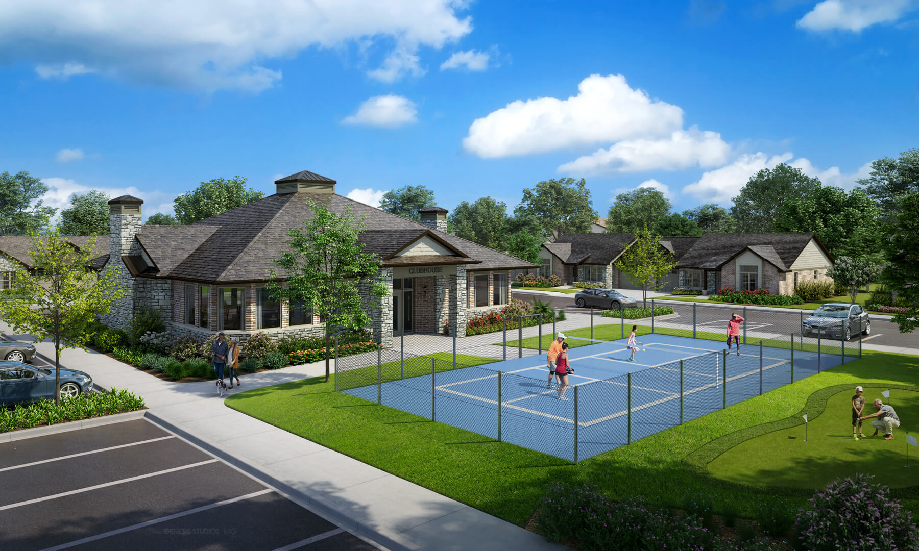 Cedarhurst of Topeka's Independent Living at Cedarhurst Cottages Clubhouse with Pickleball Court and Putting Green