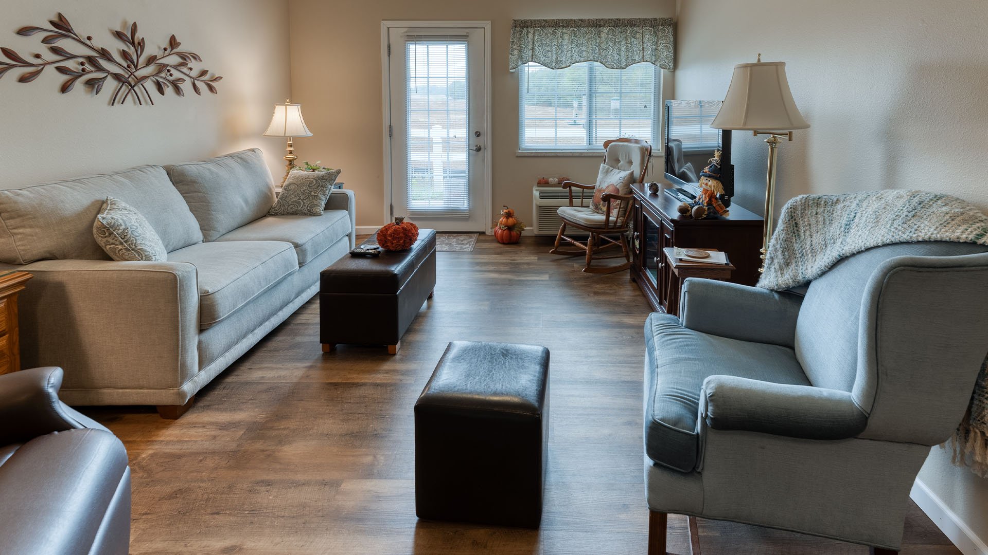 Senior-friendly apartment living room at Cedarhurst of Waterloo, offering comfortable and accessible design for residents