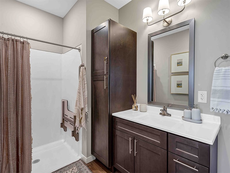 Bathroom of a senior apartment at Cedarhurst of Wentzville, built with accessibility features to support residents