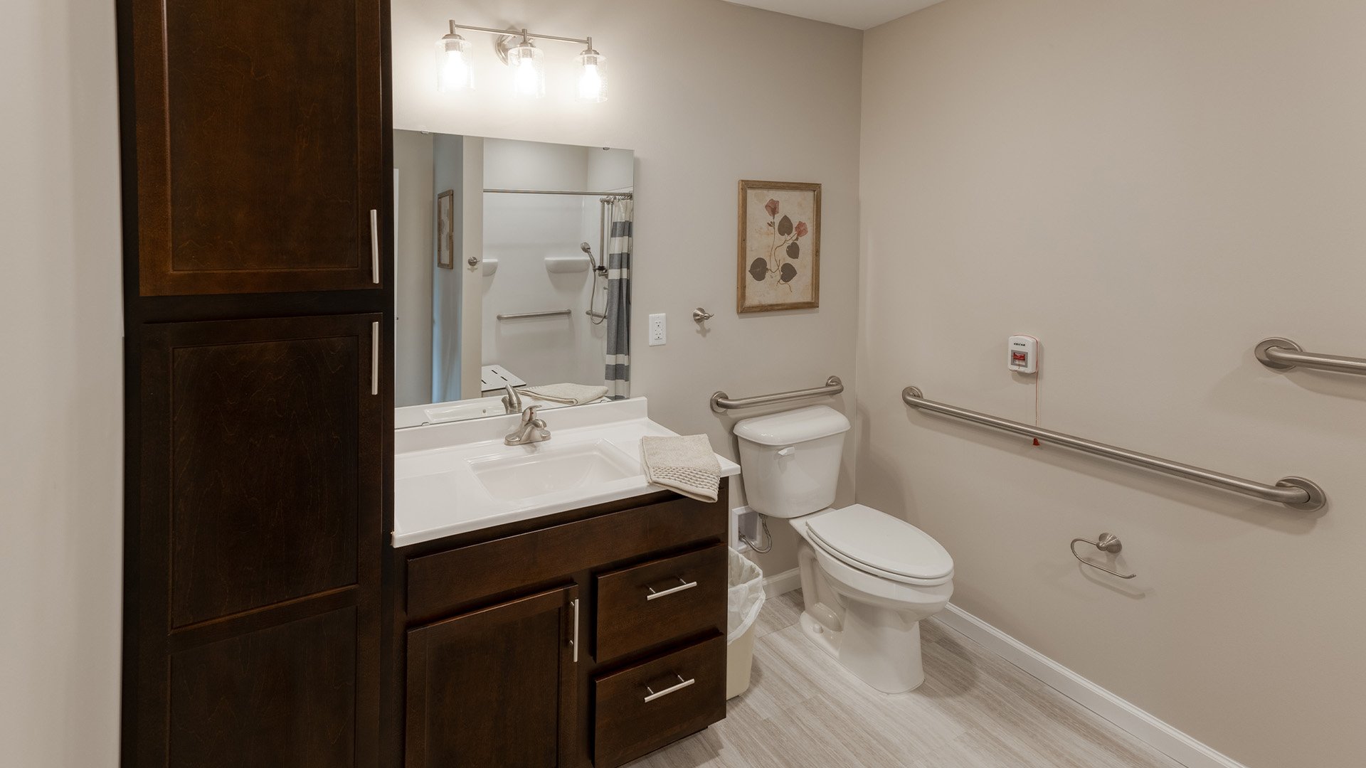 Bathroom of a senior apartment at Cedarhurst of West Plains, built with accessibility features to support residents.