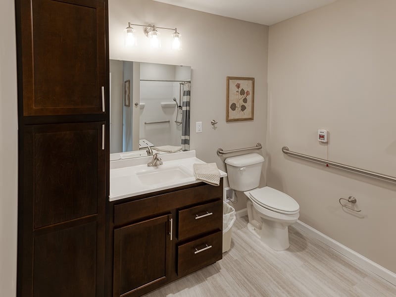 Bathroom of a senior apartment at Cedarhurst of West Plains, built with accessibility features to support residents.