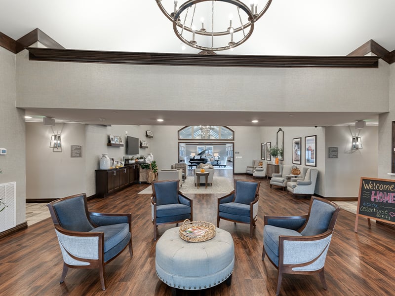 The bright and accessible main lobby at Cedarhurst of West Plains, offering a warm first impression to the senior living community.