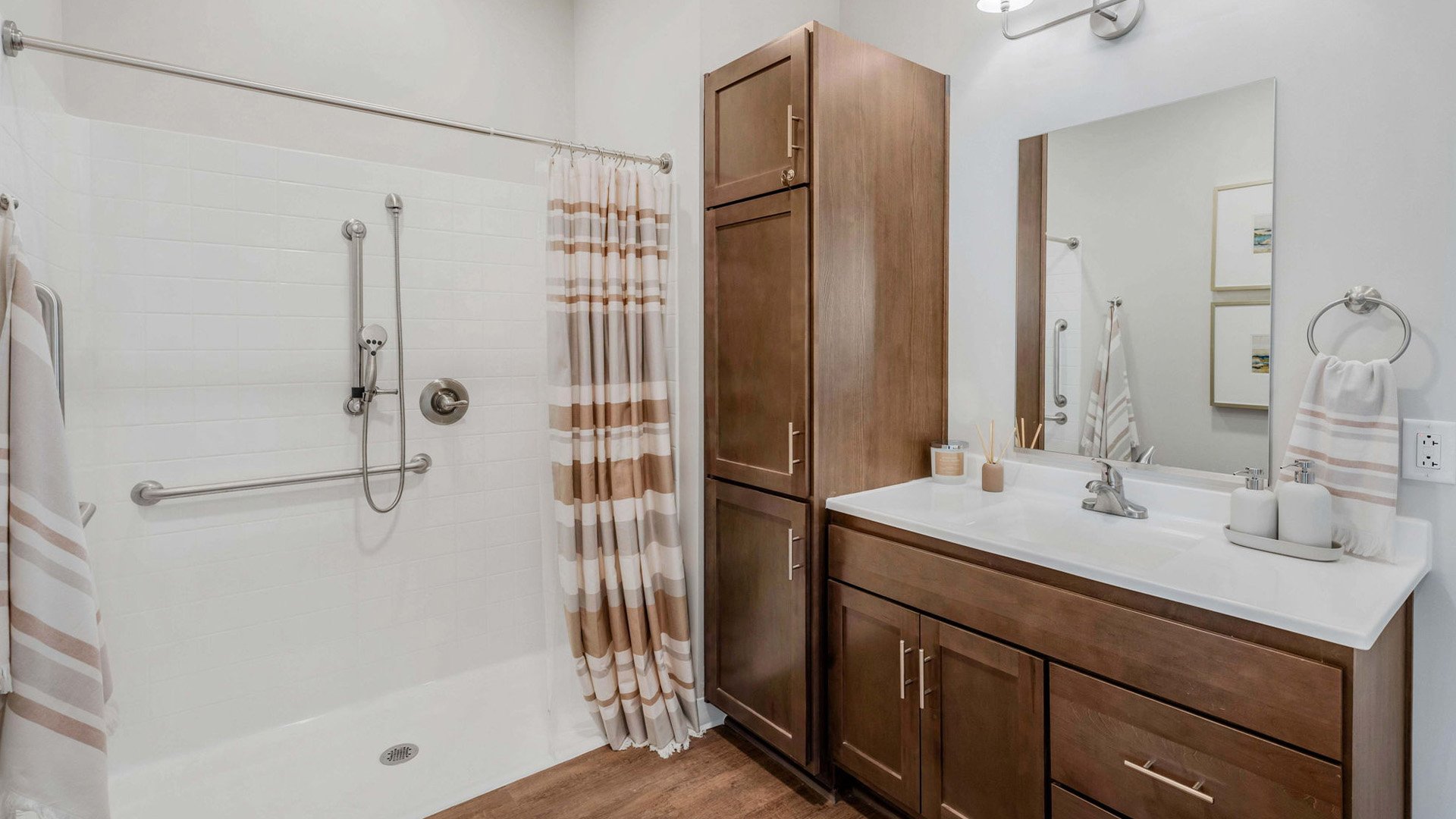 Bathroom of a senior apartment at Cedarhurst of  Wichita, built with accessibility features to support residents