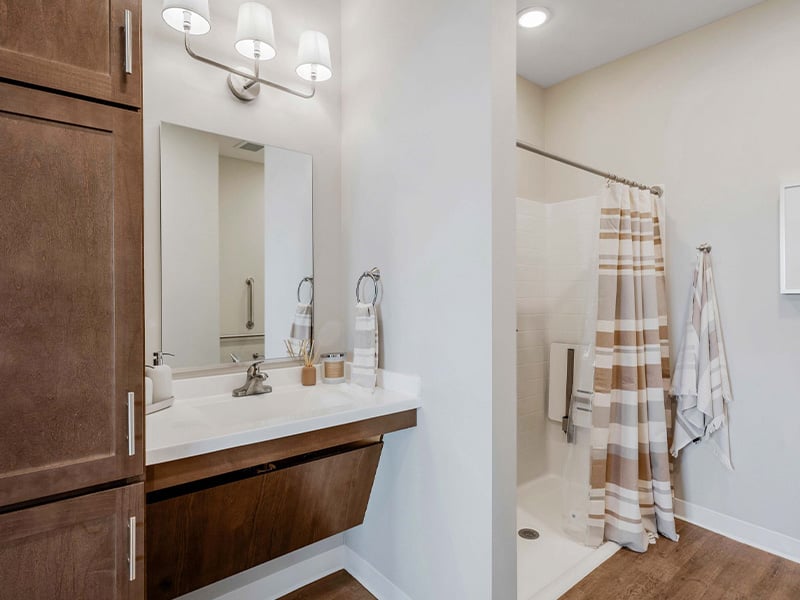Bathroom of a senior apartment at Cedarhurst of Wichita, built with accessibility features to support residents