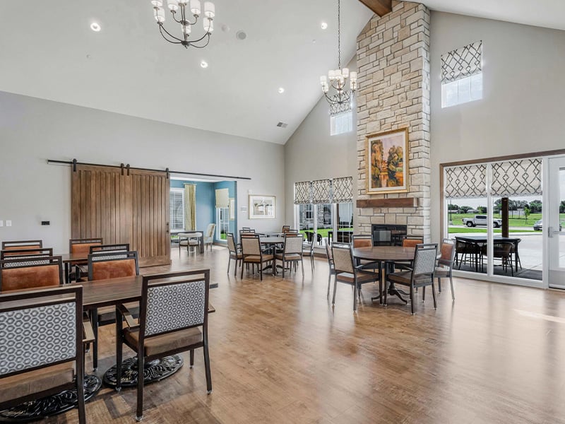 A community dining room at Cedarhurst of  Wichita, providing convenient all-day dining for residents