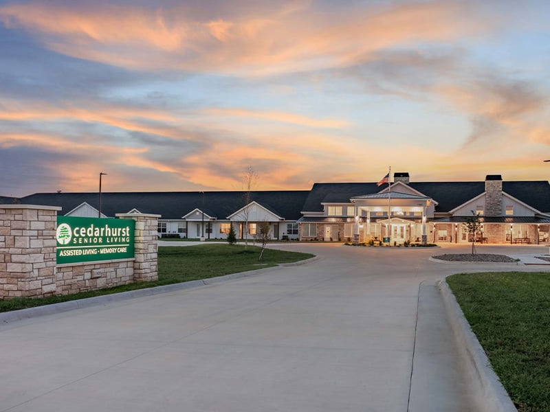 Vew of the Cedarhurst of Wichita senior living community building and grounds
