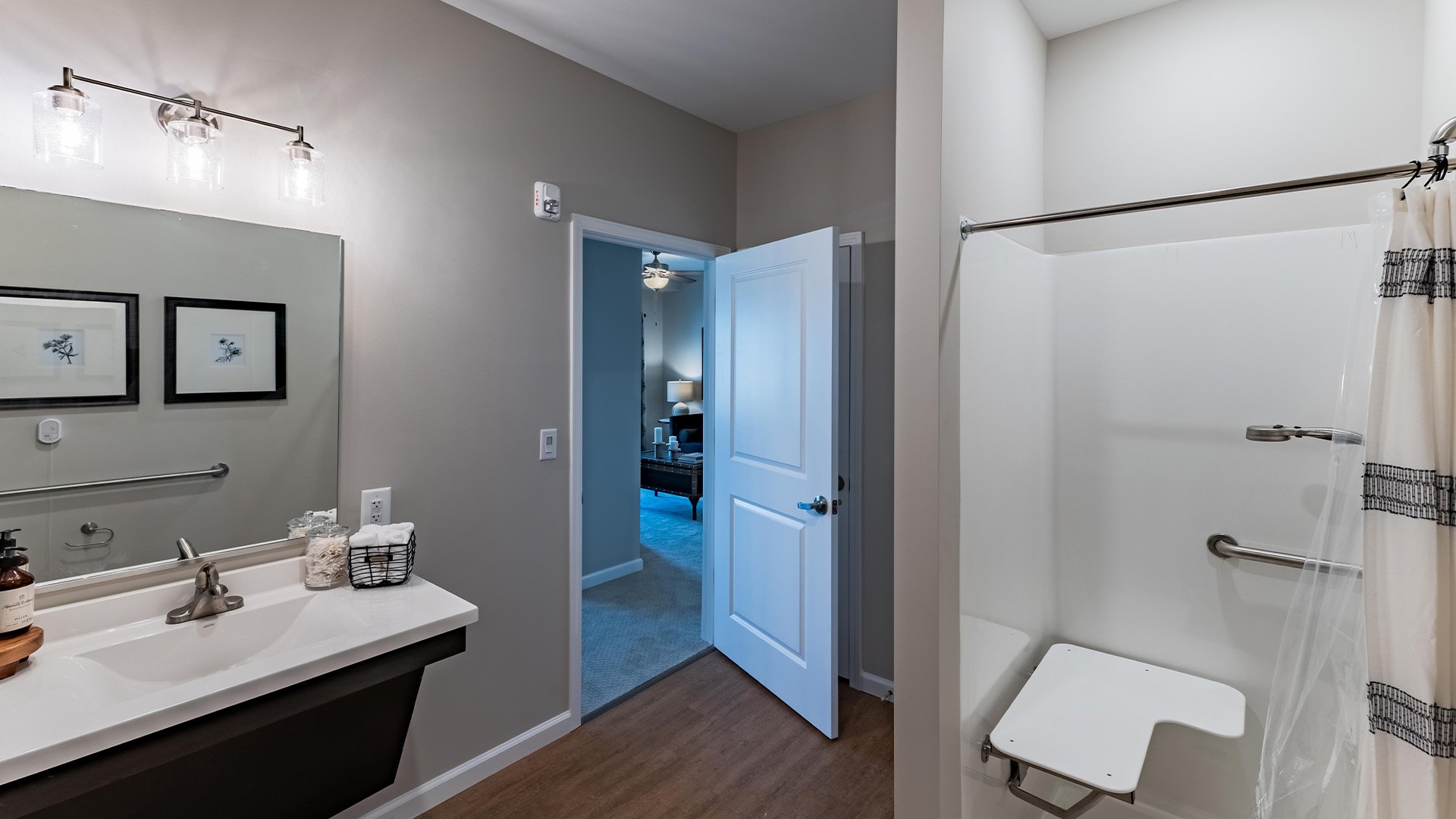 Bathroom of a senior apartment at Cedarhurst of Woodstock, built with accessibility features to support residents