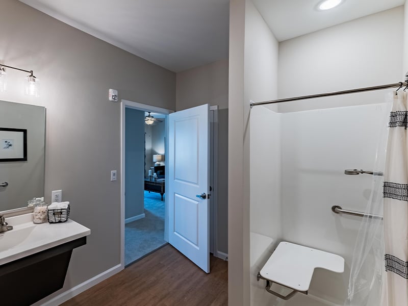 Bathroom of a senior apartment at Cedarhurst of Woodstock, built with accessibility features to support residents