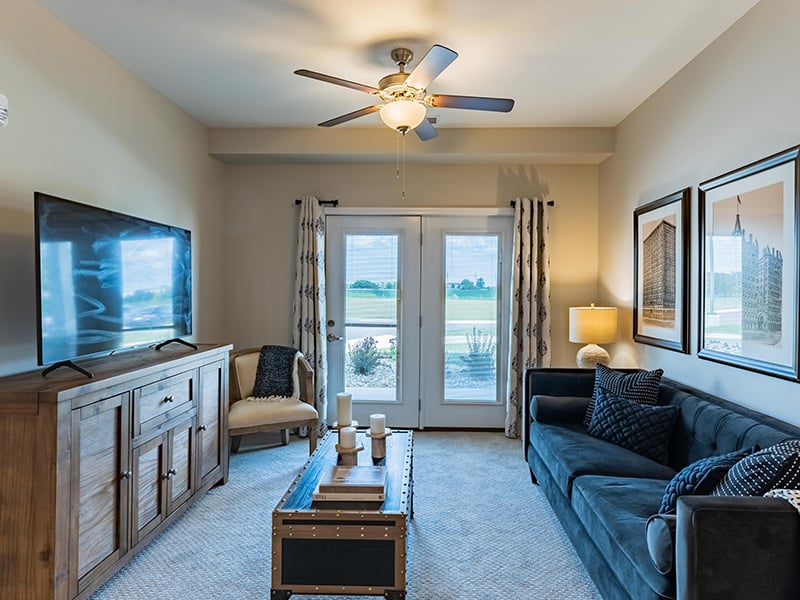 Senior-friendly apartment living room at Cedarhurst of Woodstock, offering comfortable and accessible design for residents