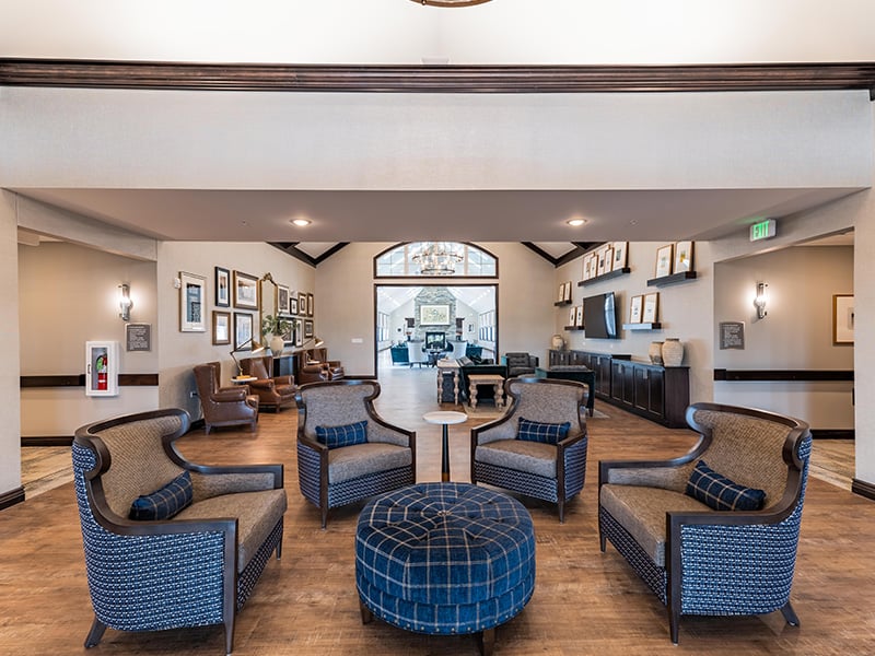 The bright and accessible main lobby at Cedarhurst of Woodstock, offering a warm first impression to the senior living community