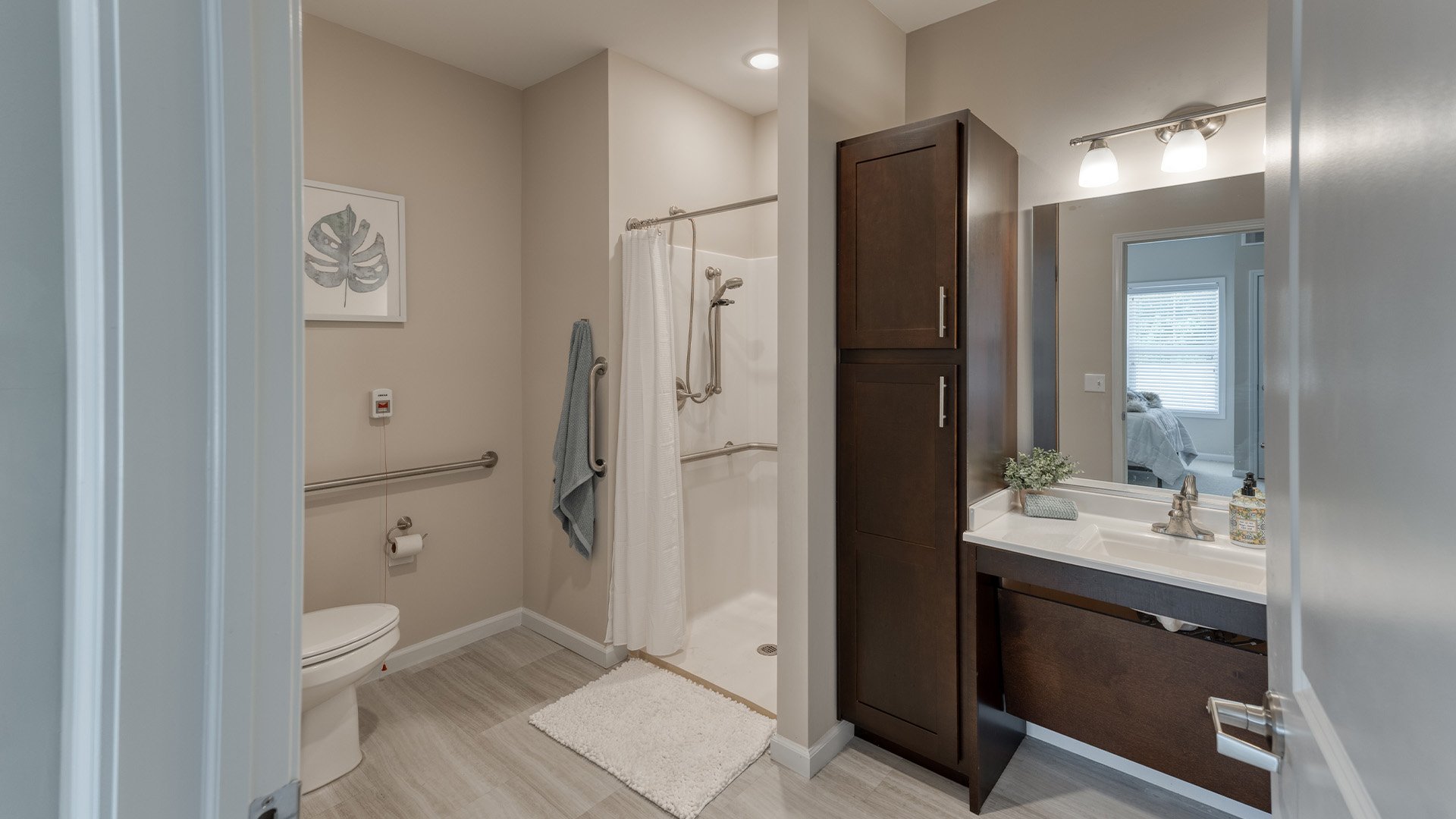 Bathroom of a senior apartment at Cedarhurst of Yorkville, built with accessibility features to support residents