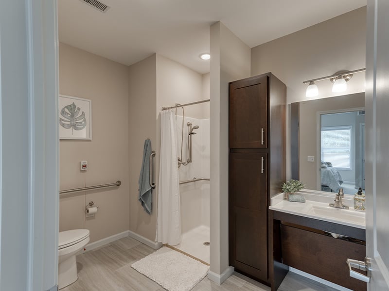Bathroom of a senior apartment at Cedarhurst of Yorkville, built with accessibility features to support residents