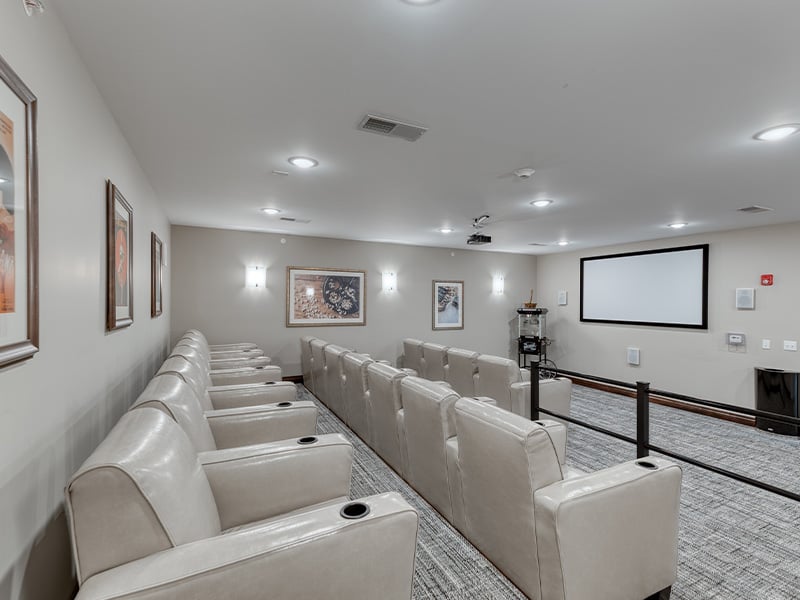 The comfortable and accessible movie theater at Cedarhurst of Yorkville, providing easy-to-access entertainment for residents