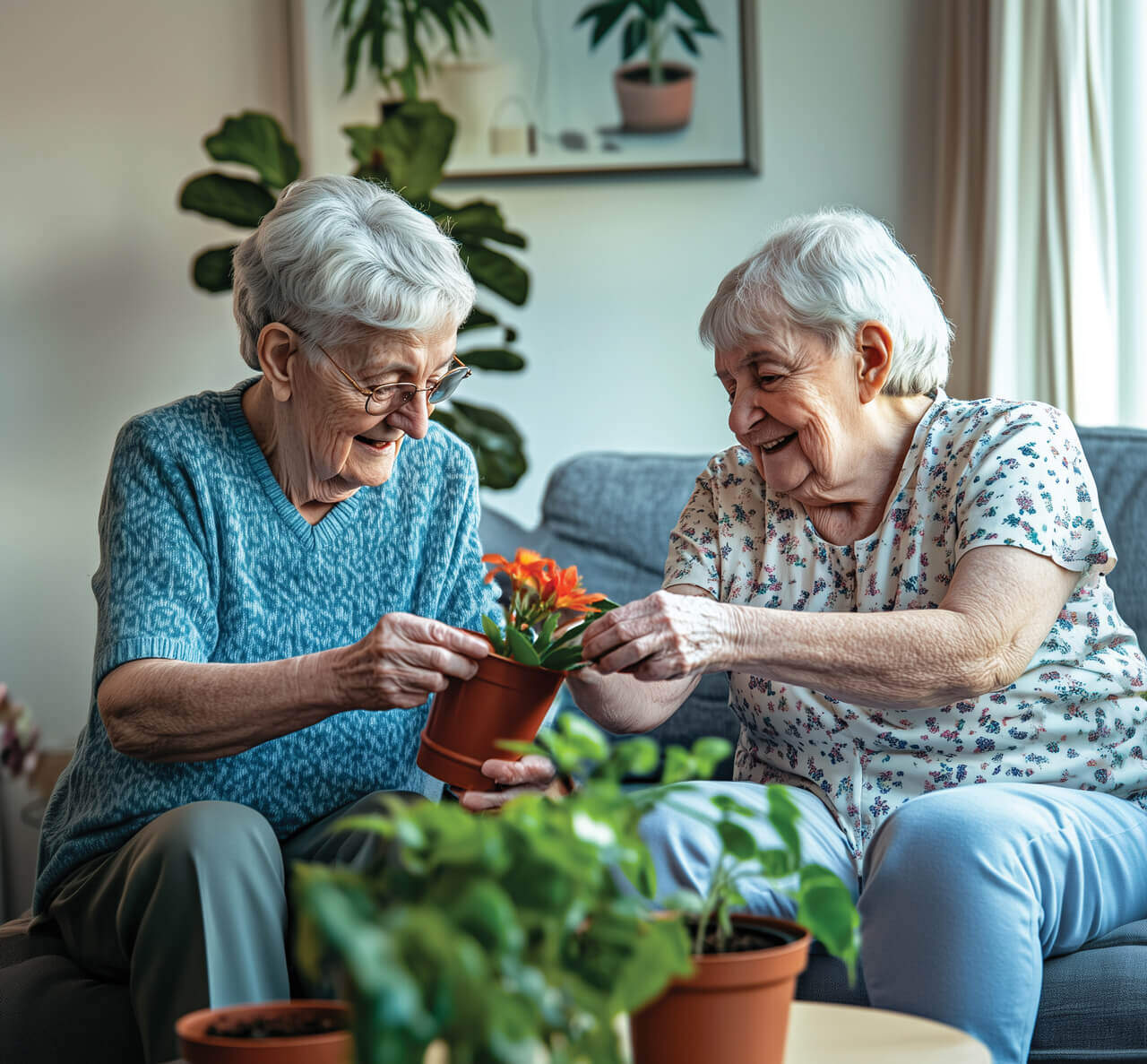 elderly friends potted plant