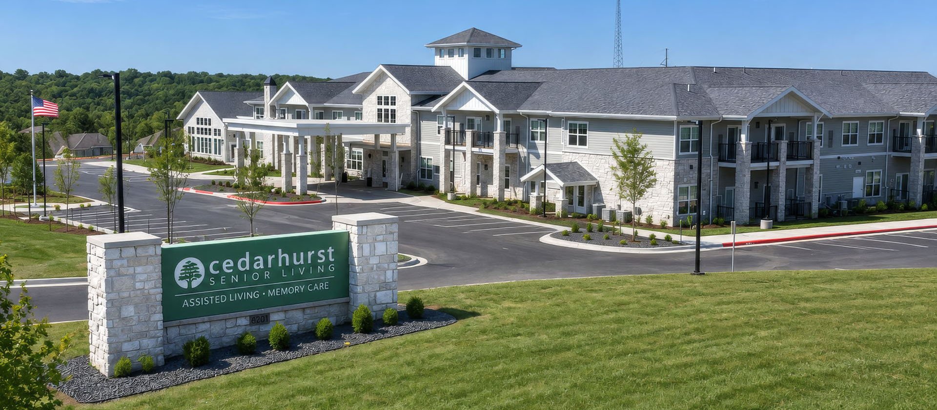 The welcoming front exterior of Cedarhurst of Shawnee senior living community