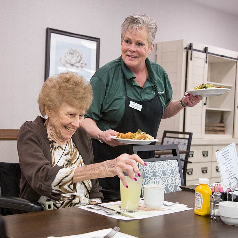A team member serving a senior resident a meal