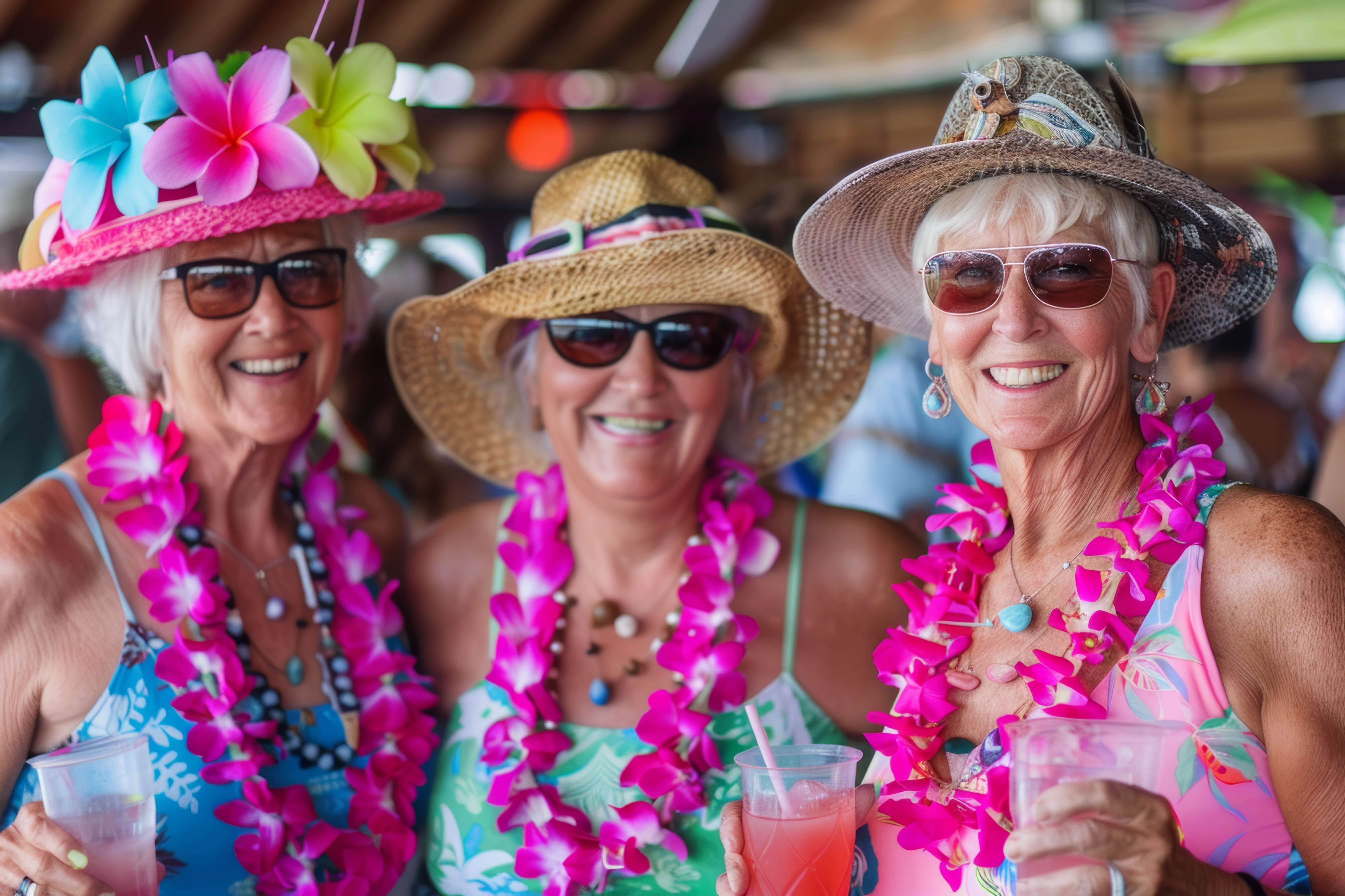 Three senior women dressed in luau attire, sunglasses, and smiling with drinks in hand.
