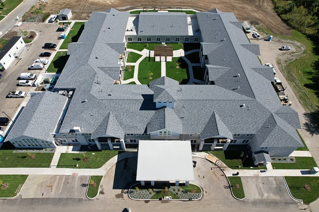 Overhead exterior of senior living community Cedarhurst of Crown Point.