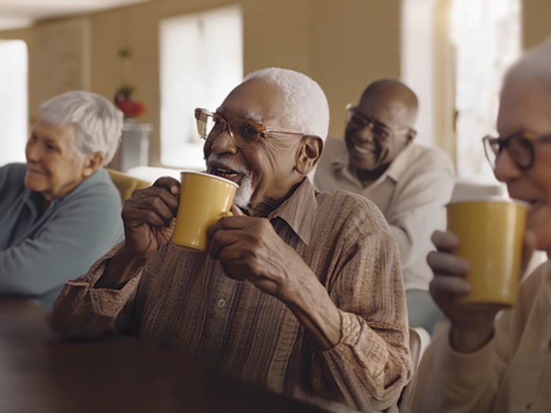 Senior living residents enjoying a hot drink together