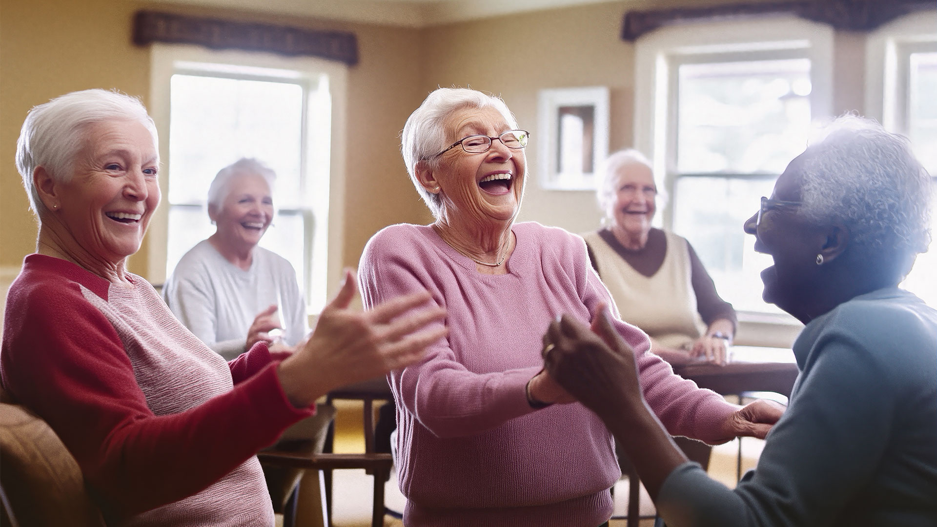 Senior living residents dancing together in game room