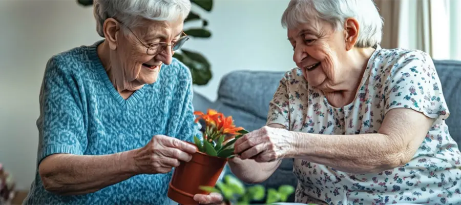 Seniors in a senior living community making a plant arrangement