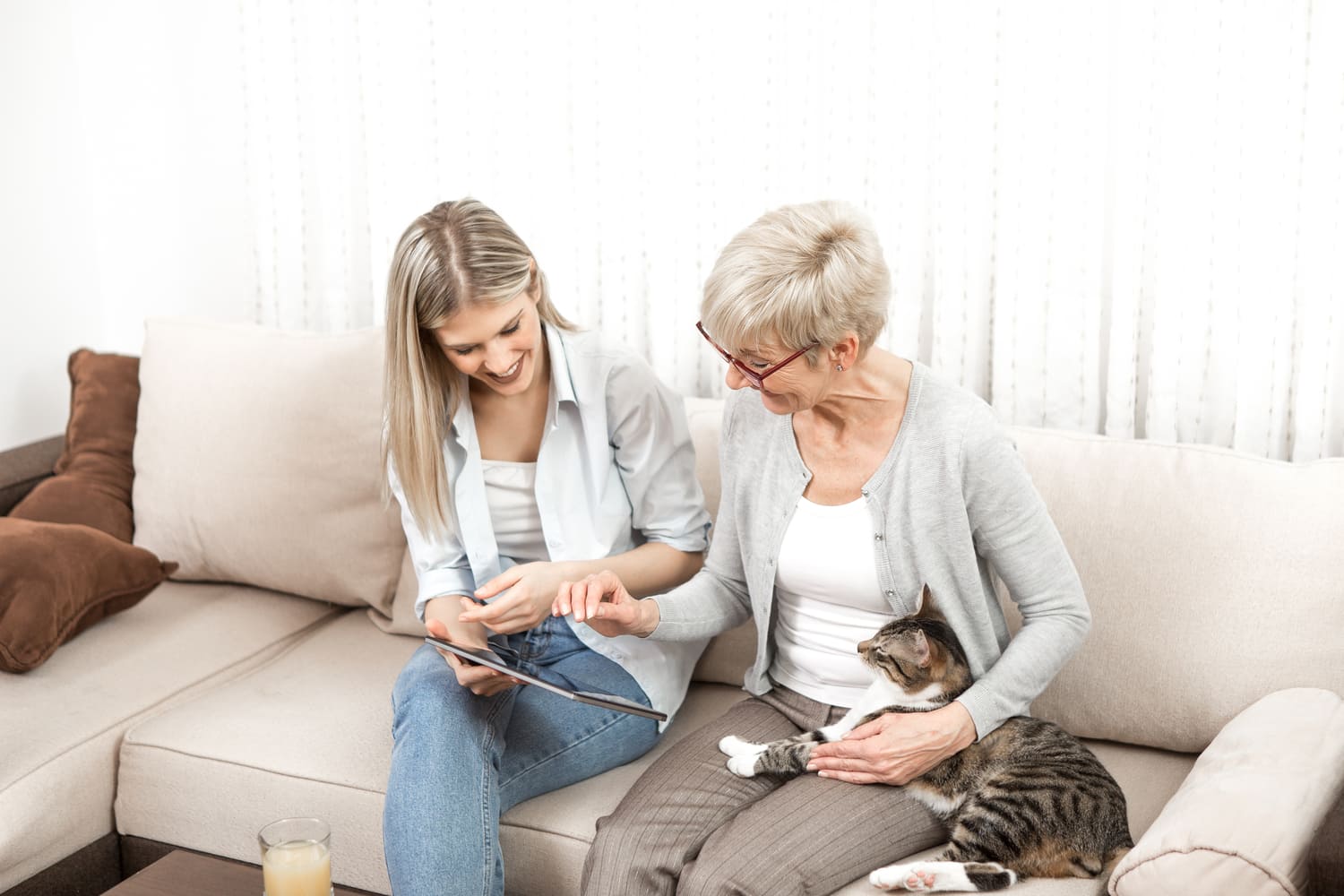 Senior woman with a cat on her lap, reading with a staff member