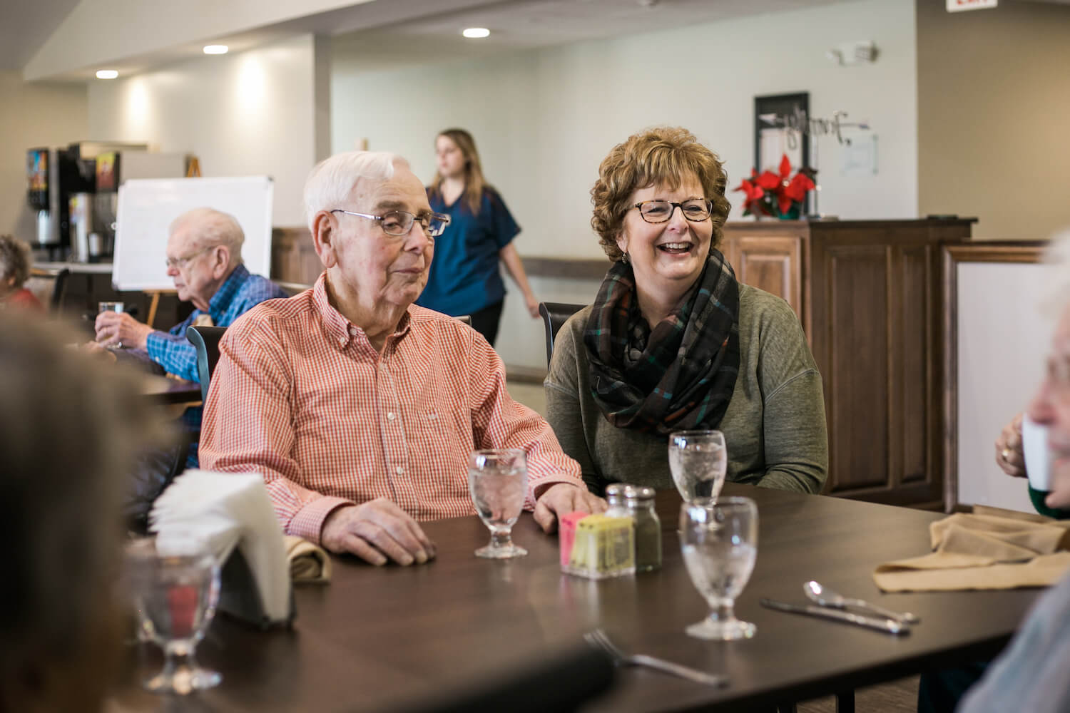 Senior Friends Socializing in Dining Room