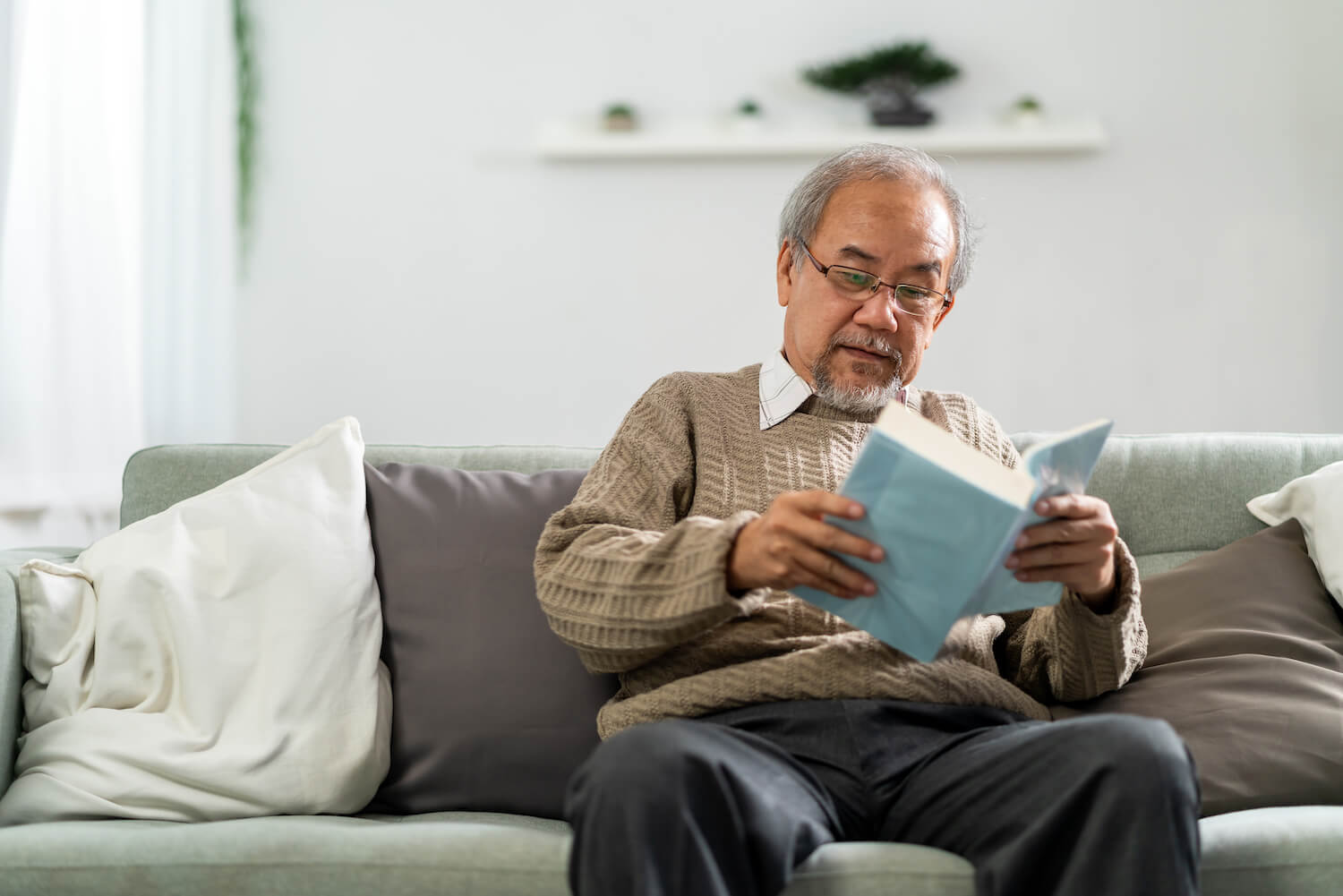 Senior man reading on a couch