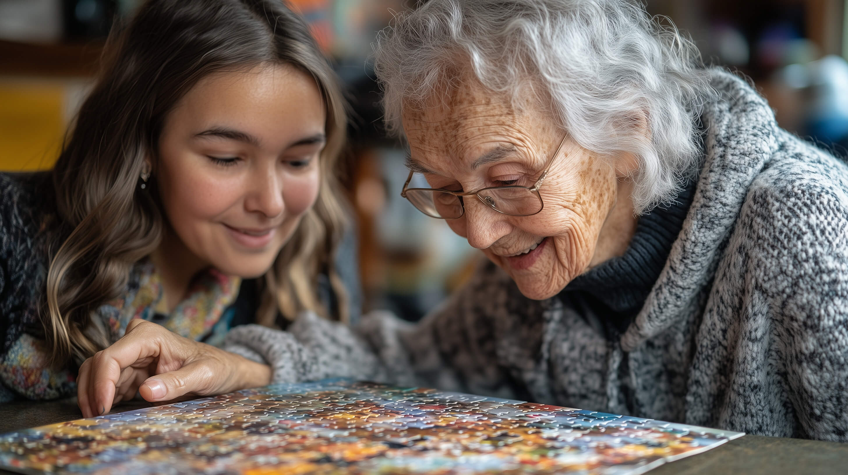 Grandmother is putting together a puzzle with her granddaughter. 