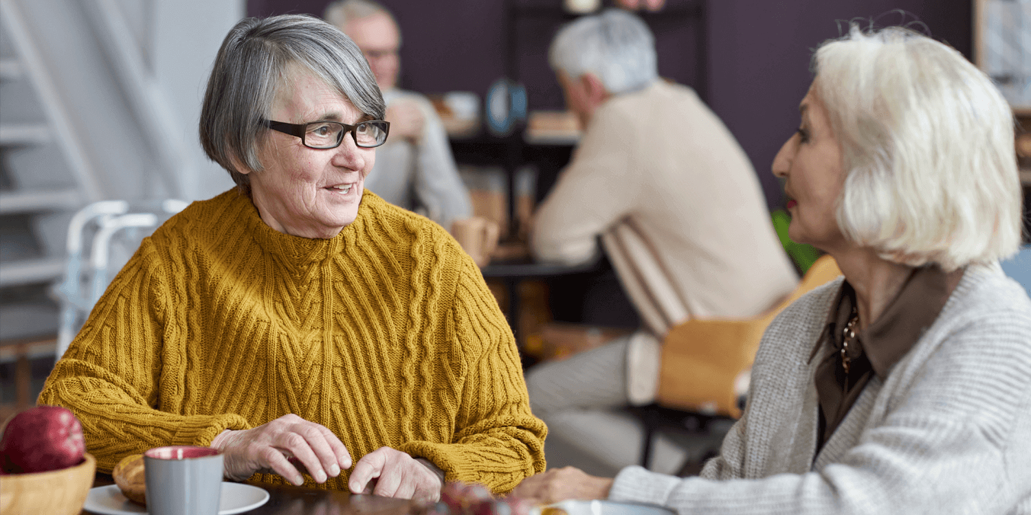 Two senior living residents chatting in common room area