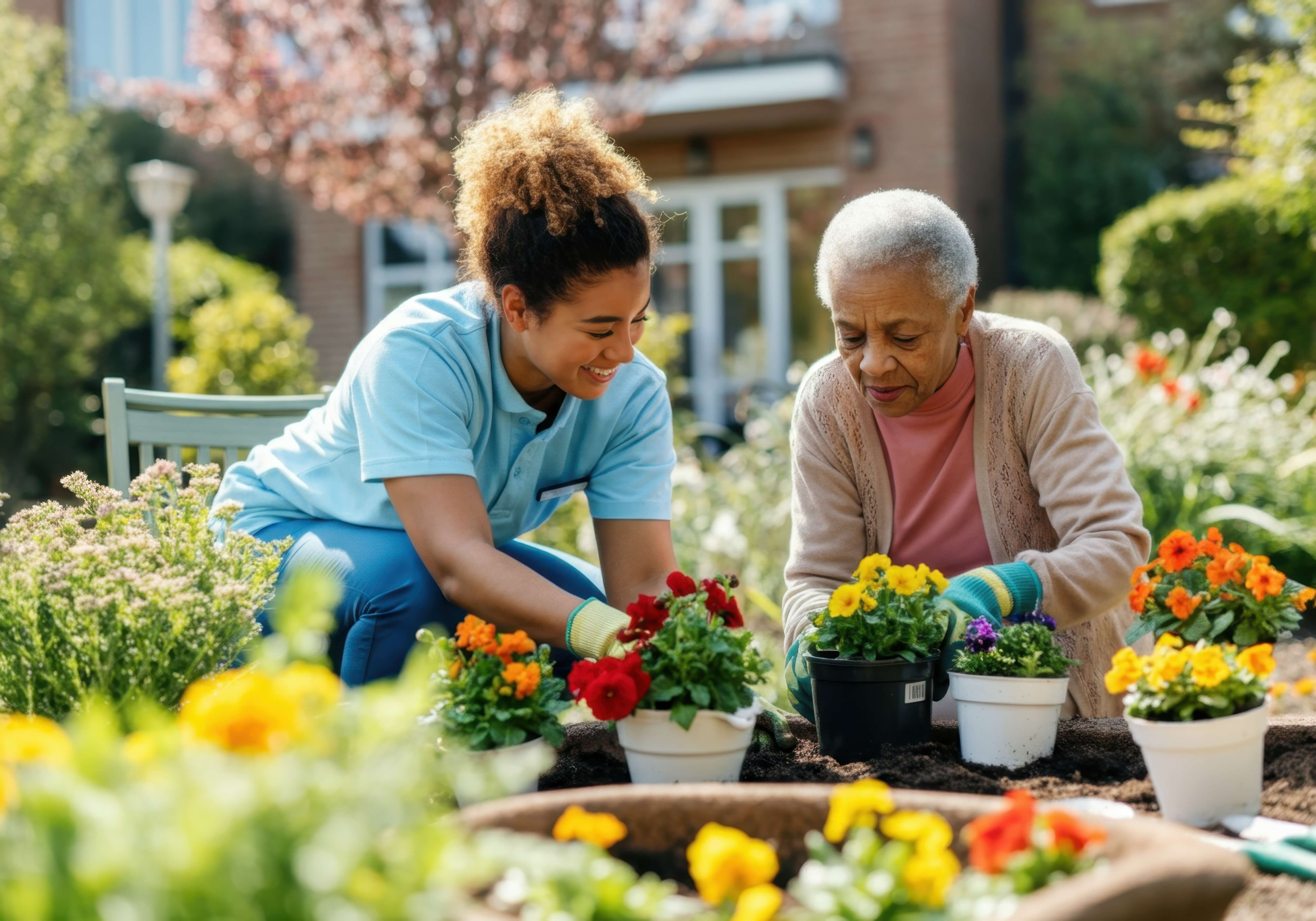 Senior woman plants colorful flowers in a garden, enjoying the therapeutic benefits of gardening