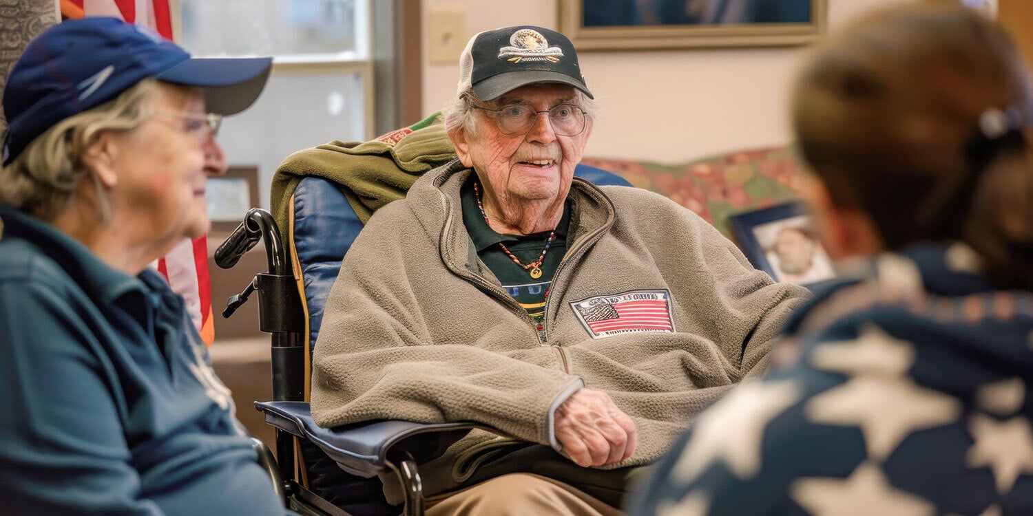 Veterans gathered together in a senior living community