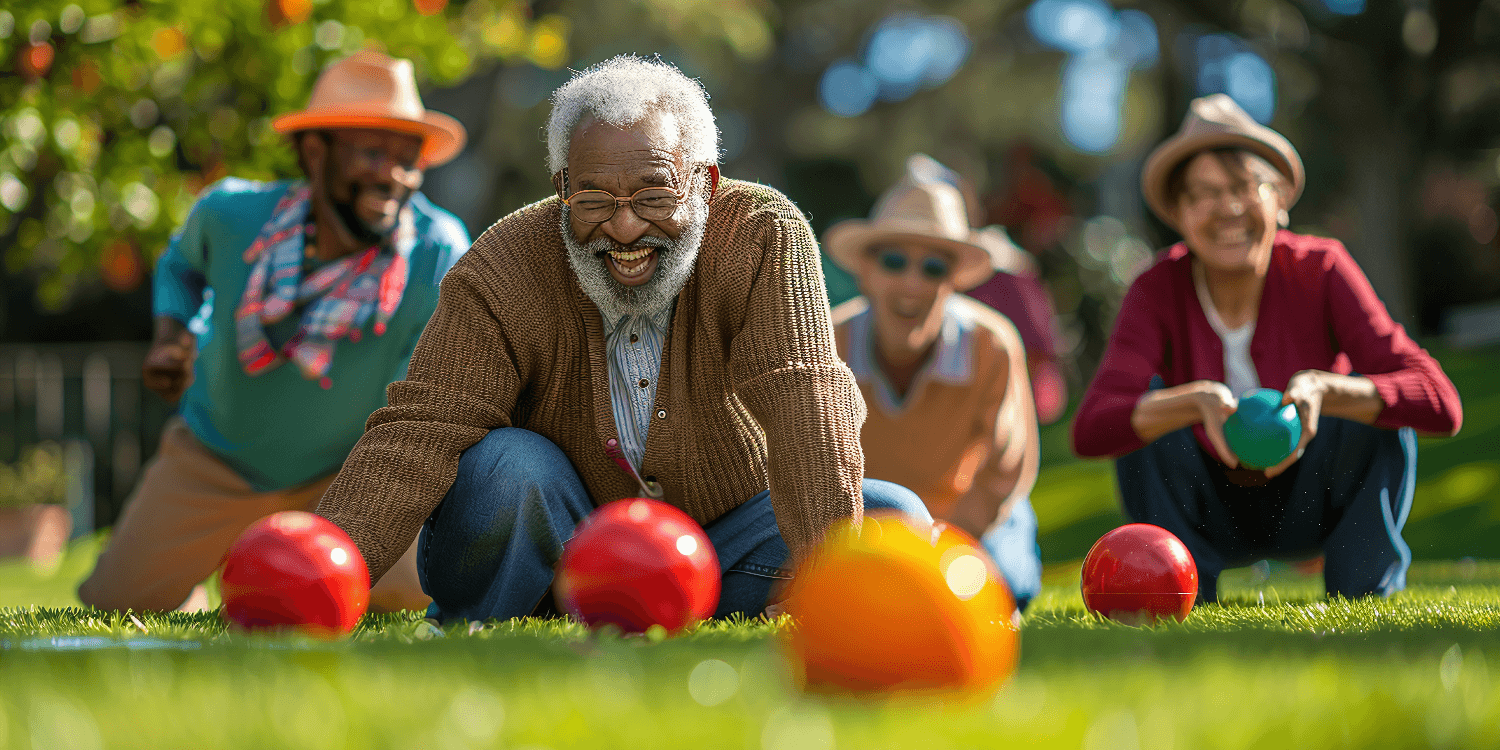 Independent living residents playing bocce ball outdoors