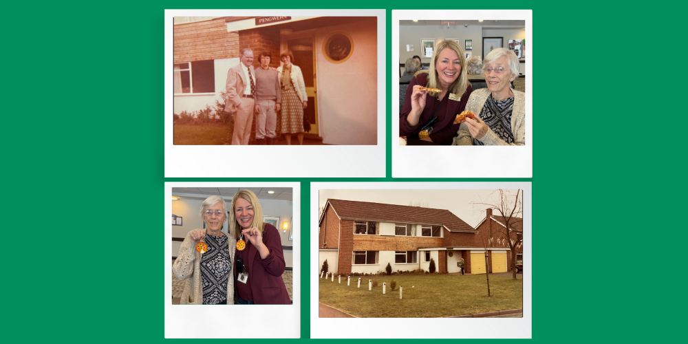 A collage of four polaroid photos, two old, two new. The old photos depict an old English home named 