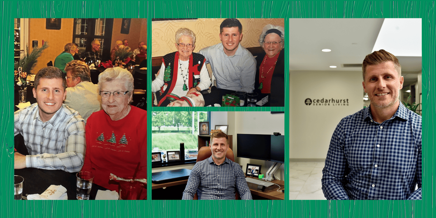 Cedarhurst Senior Living President Almir Sajtovic in a series of four photos. Two are of him as a young man early in his career, posing with community residents. The other two depict him today in his role of president, sitting in his office.