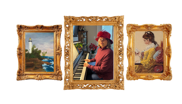 At the center of the image is a senior woman playing piano in her apartment. Her photo is in a gold picture frame, flanked by gold-framed paintings of landscapes and a woman reading.