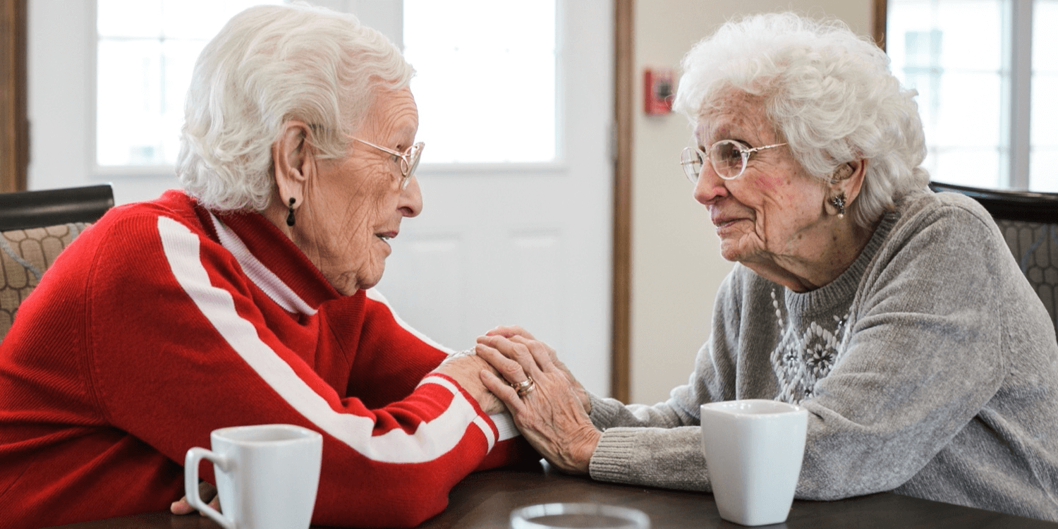 Two senior women with coffee mugs sitting at a table holding hands.