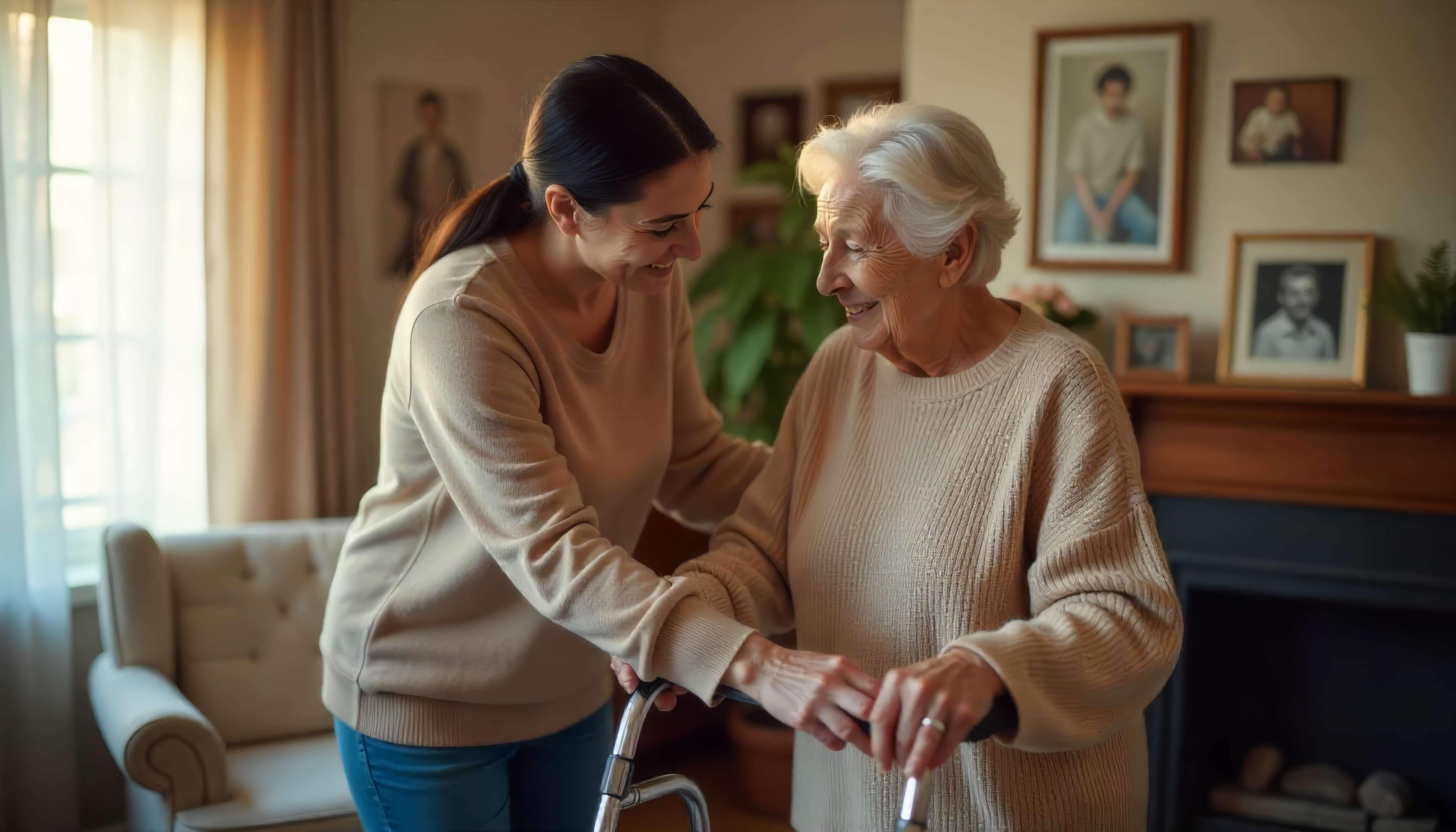 A senior and her caregiver in an assisted living apartment
