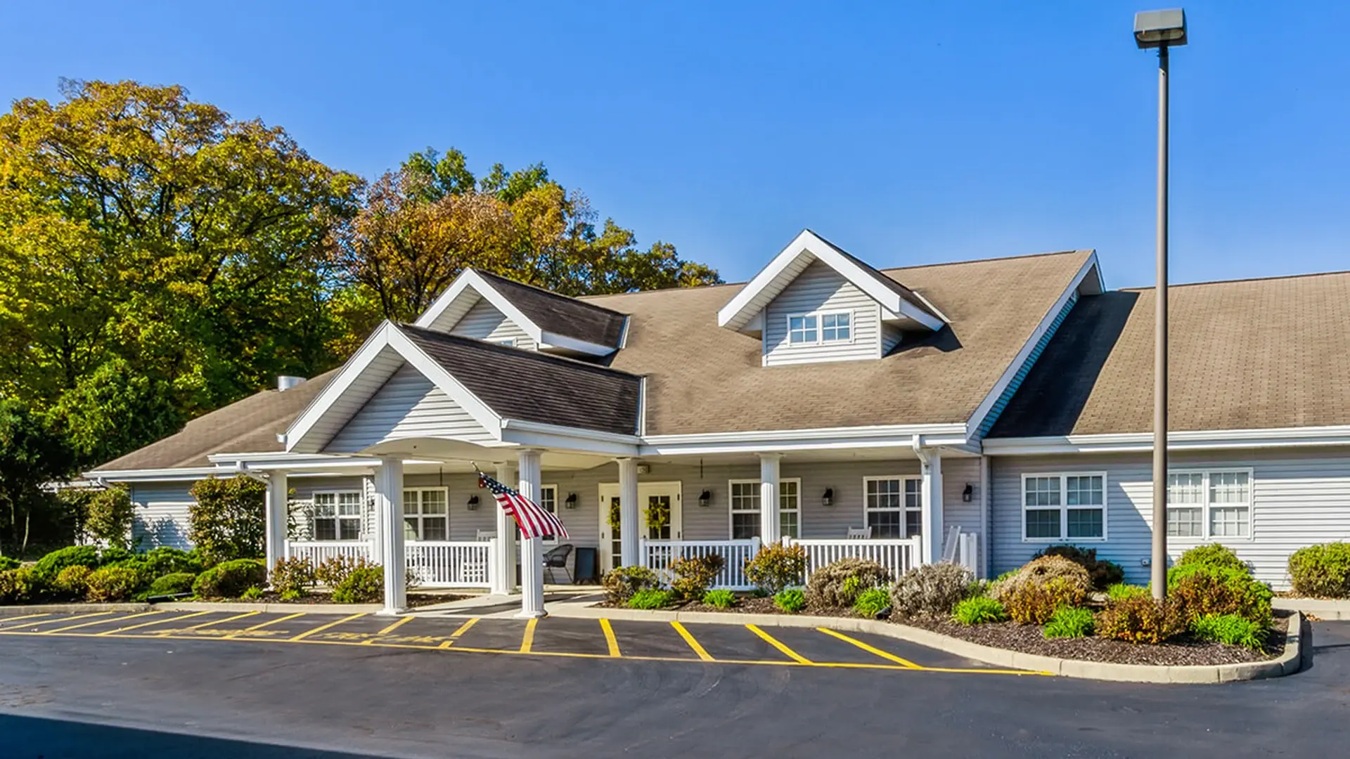 The welcoming front exterior of Cedar Creek of Fort Wayne senior living community