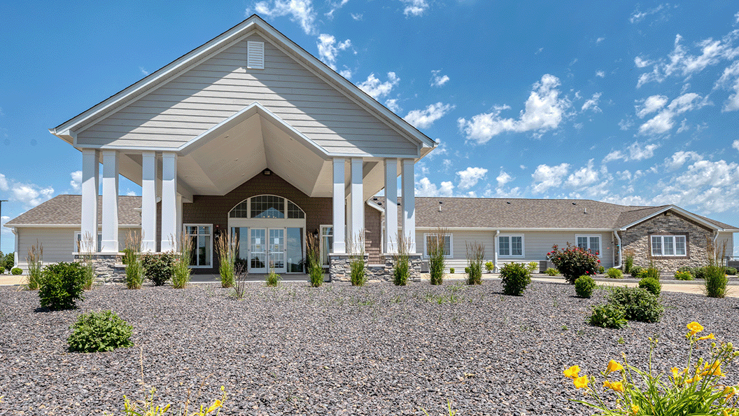 The welcoming front exterior of the Cedarhurst of Bethalto senior living community