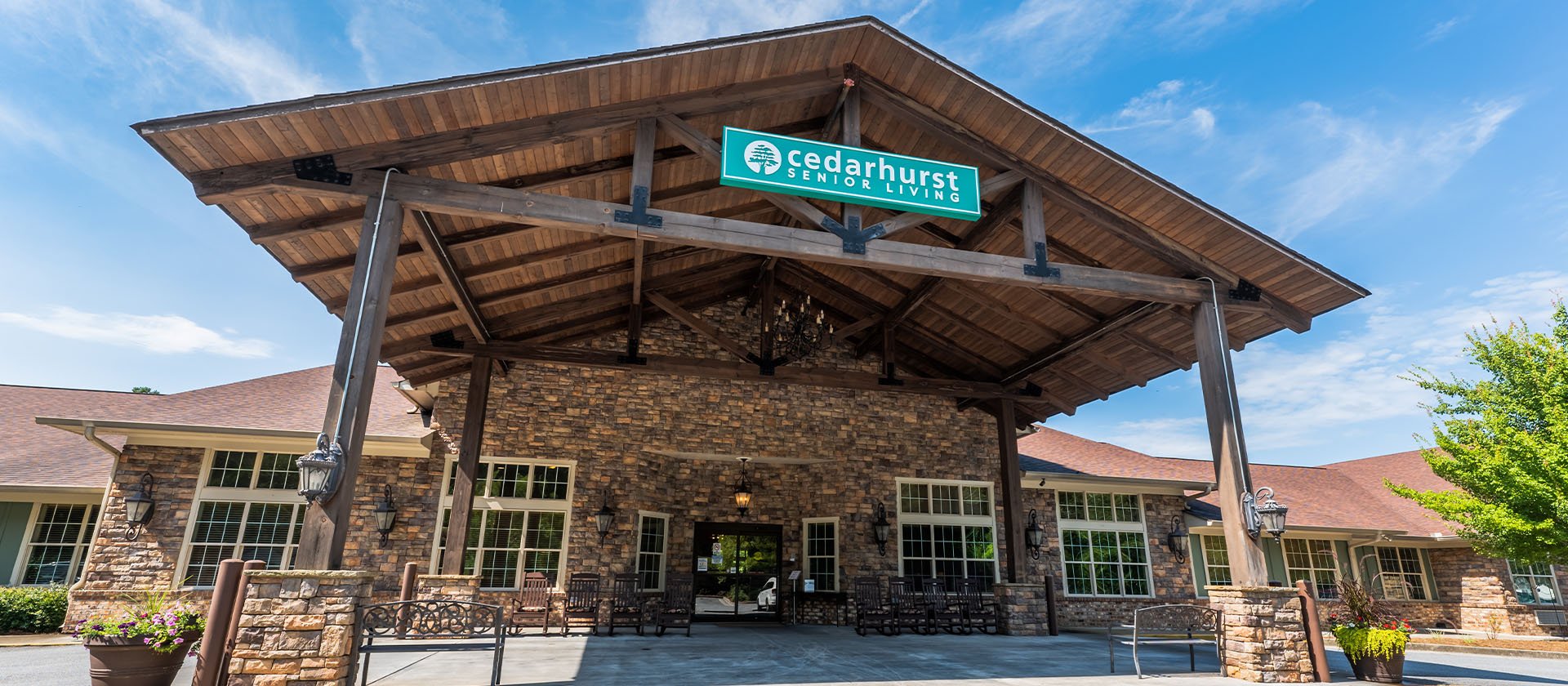 The welcoming front exterior of the Cedarhurst of Canton senior living community