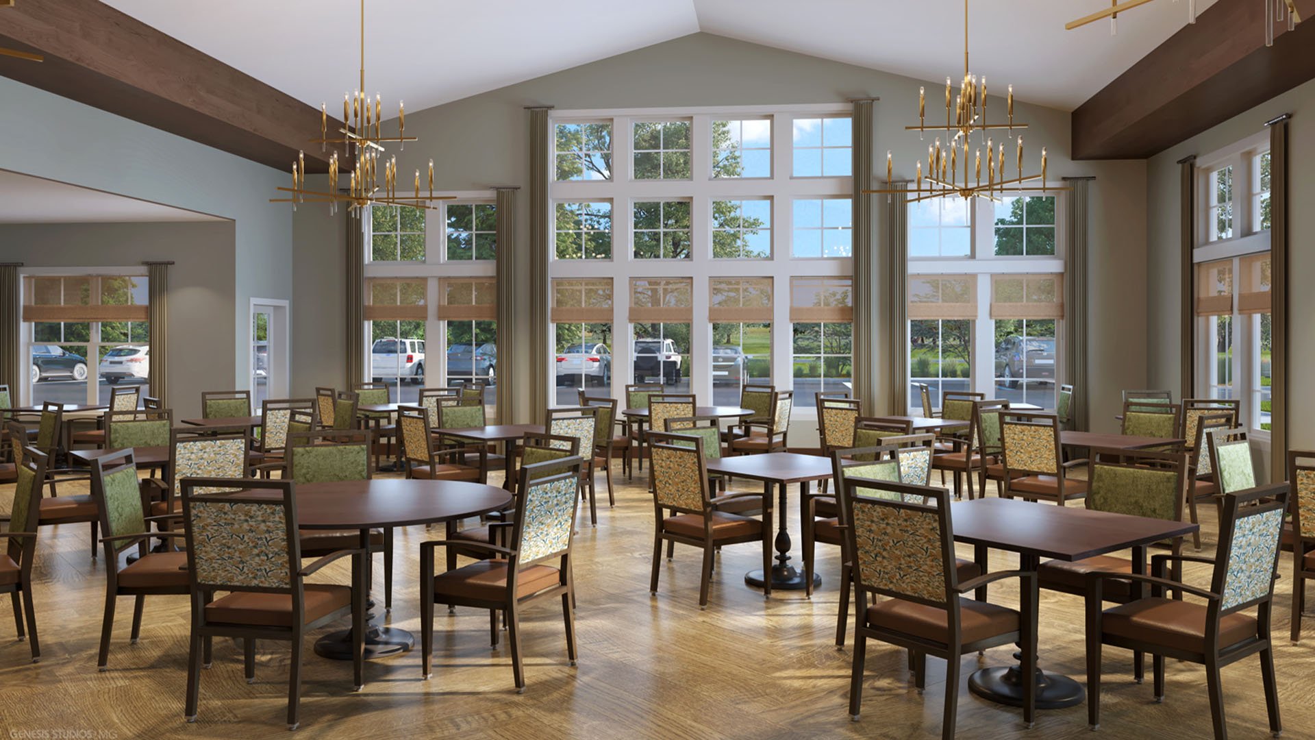 A spacious and bright dining room at Cedarhurst of Crown Point, offering comfortable seating for meals