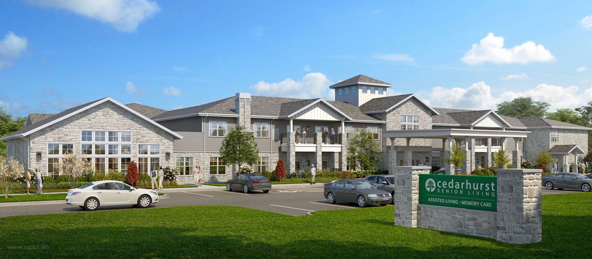 An inviting view of the Cedarhurst of Crown Point senior living community from the outside, complete with the main building and its distinctive sign