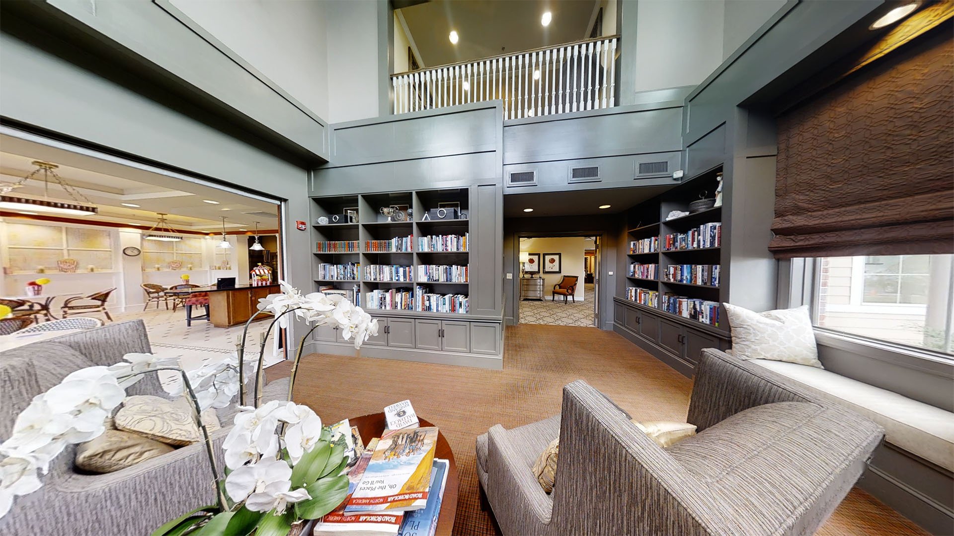 Cedarhurst of East Louisville's welcoming senior-friendly library with accessible resources for reading and relaxation