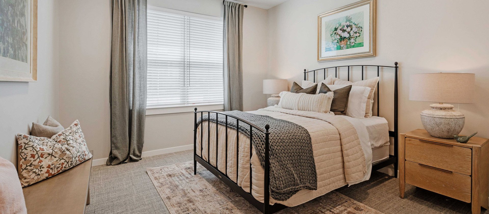 Bedroom of a senior apartment at Cedarhurst of Lawrence, designed for resident comfort and personalization.