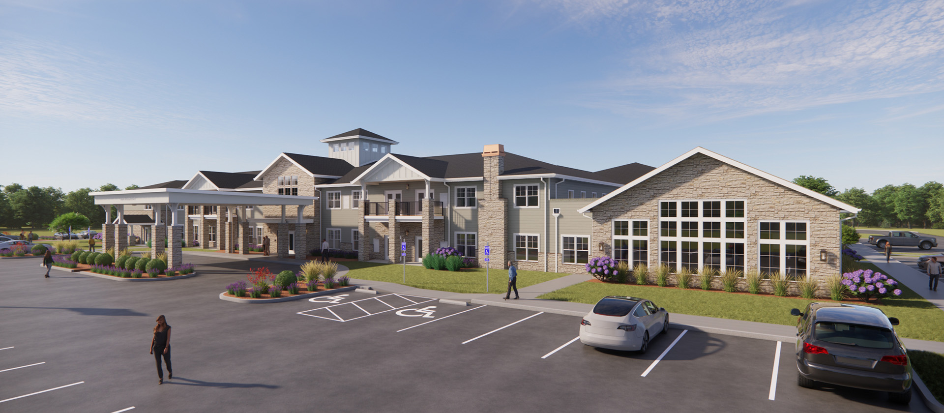An inviting view of the Cedarhurst of Lincoln senior living community from the outside, complete with the main building and its distinctive sign